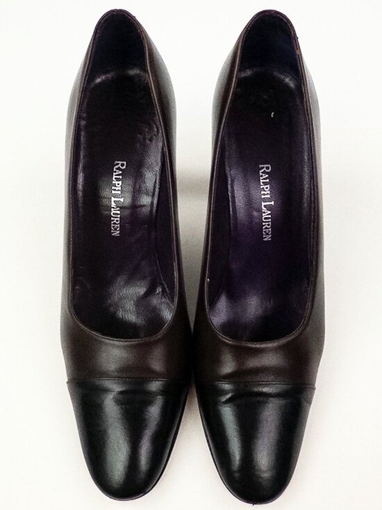 Ralph Lauren Purple Label Shoes - Ralph Lauren Purple Label Brown Black Cap Toe Pumps Block Heel Sz 8.5